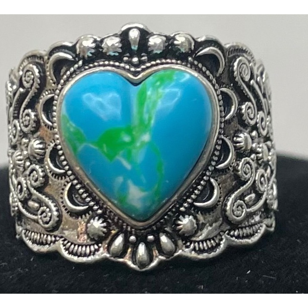 Turquoise Heart Ring Size 10 Wide Band Boho‎ Southwestern Statement